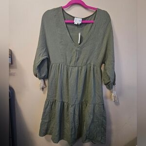 NWT Anthropologie Women's Size XS Waffle Fabric Dress Moss Green With Tassles